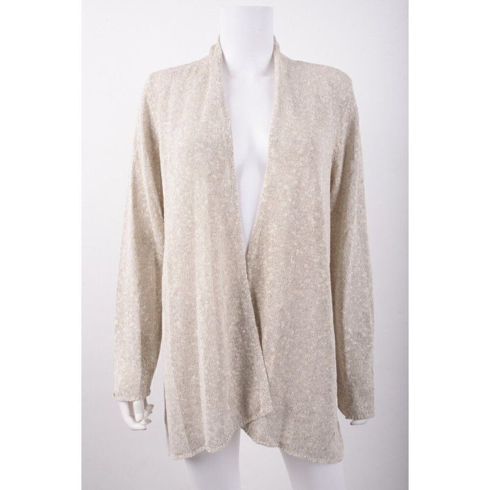 Eileen Fisher Womans Cardigan Sweater Size M Light Gray Linen Blend Open Front